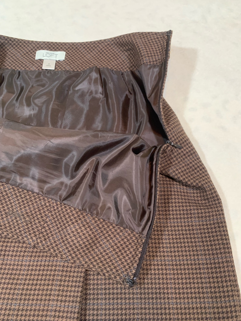 Loft Skirt Womens Size 6 Brown Houndstooth Lined Side Zip - Picture 3 of 6